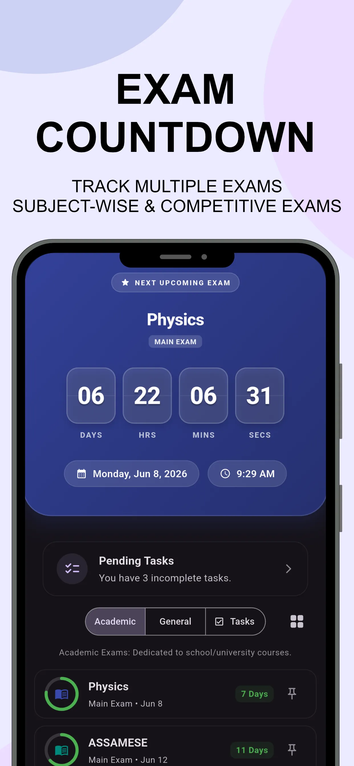 Mobile screenshot showing Countdowns