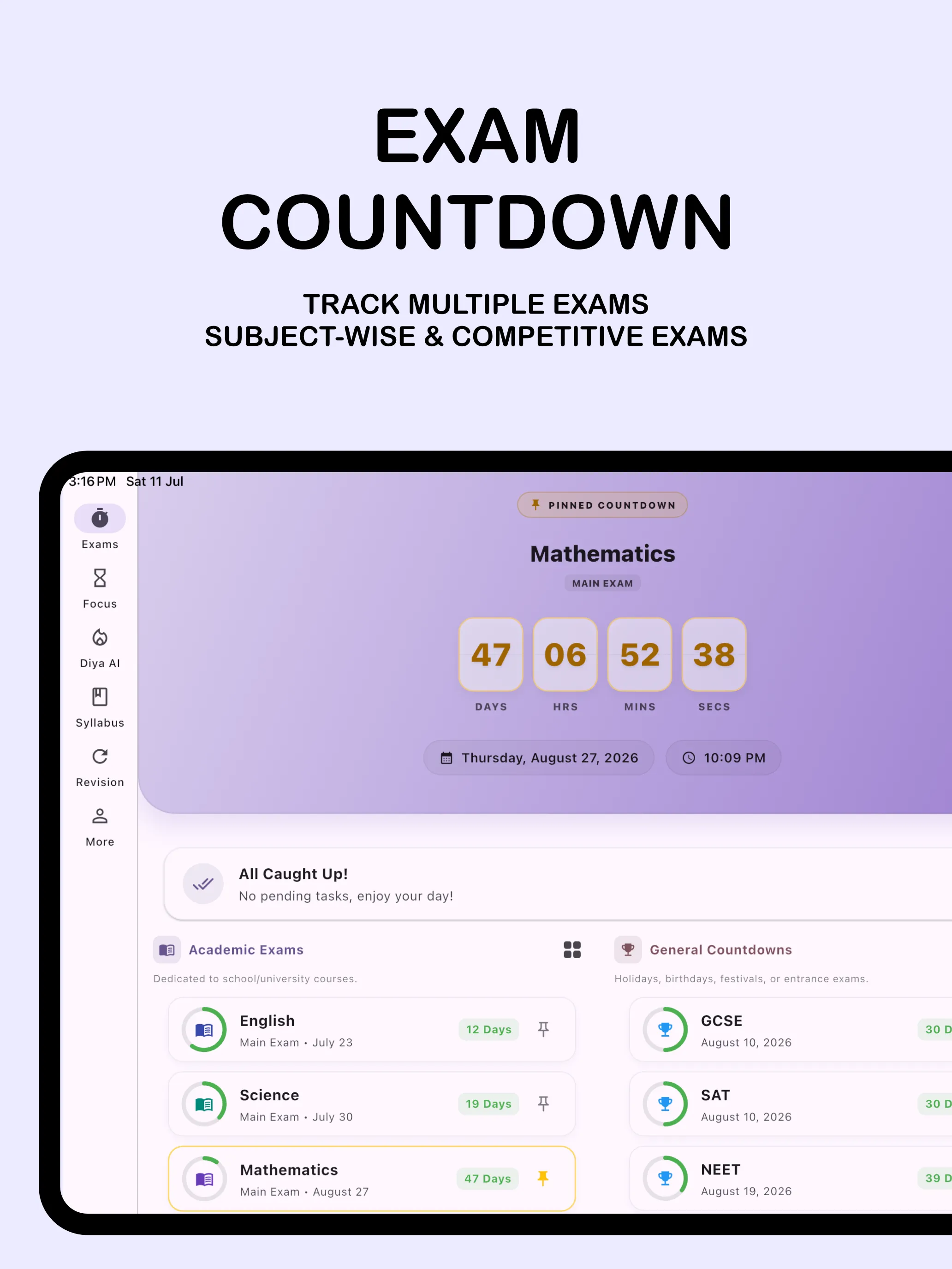 Tablet screenshot showing Countdowns