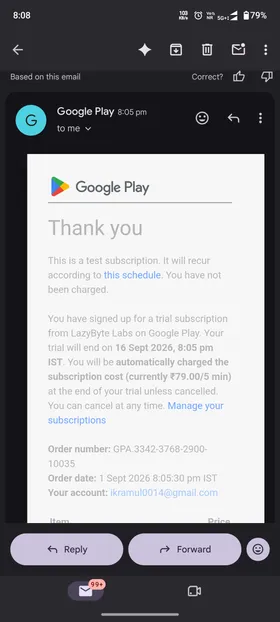Official Google Play payment receipt email sample